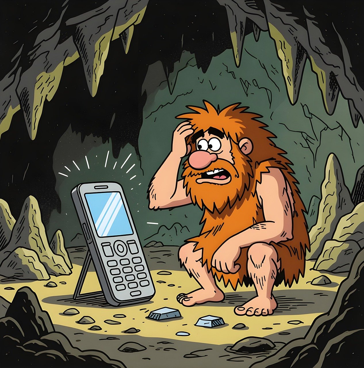 山頂洞人因為手機而感到苦惱