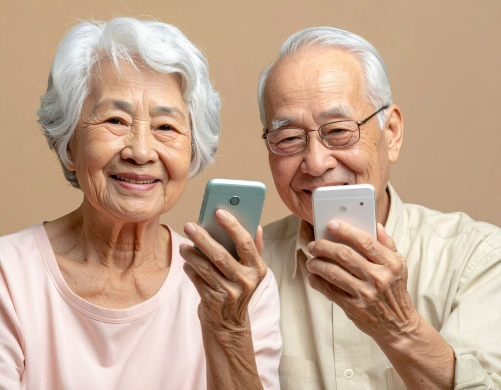 長輩拿著手機與子女視訊通話，功能方便又實用