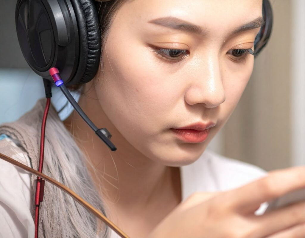 玩家戴著耳機專注操控電競手機，體驗零延遲遊戲手感