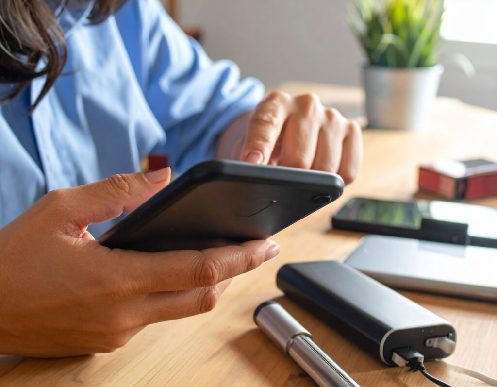 女子在桌前仔細檢查手機電池設定，背景為手機產品配件