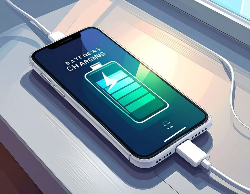 白色手機正在充電，螢幕顯示電池充電提示字樣