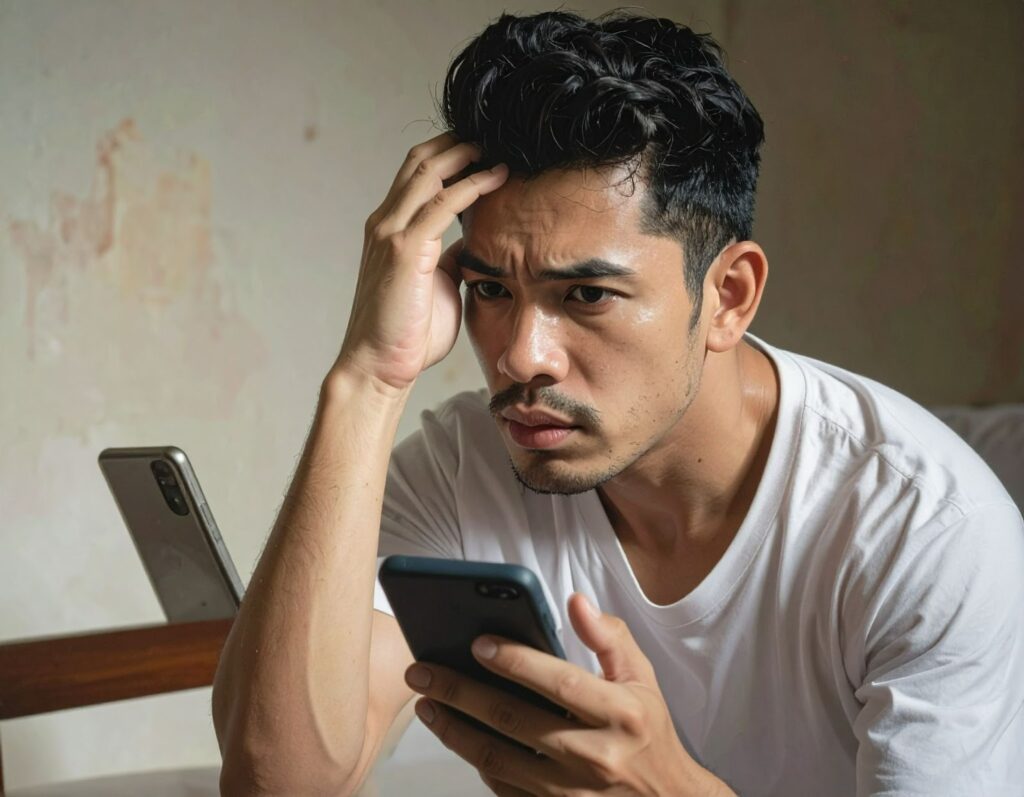 年輕人正在拿著手機，一臉苦惱