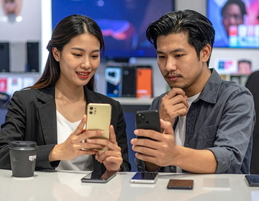 學生在通訊行櫃台前比較多款二手機,店員說明手機狀況與保固資訊,桌上陳列多款iPhone與Android手機,畫面呈現購買前諮詢情境