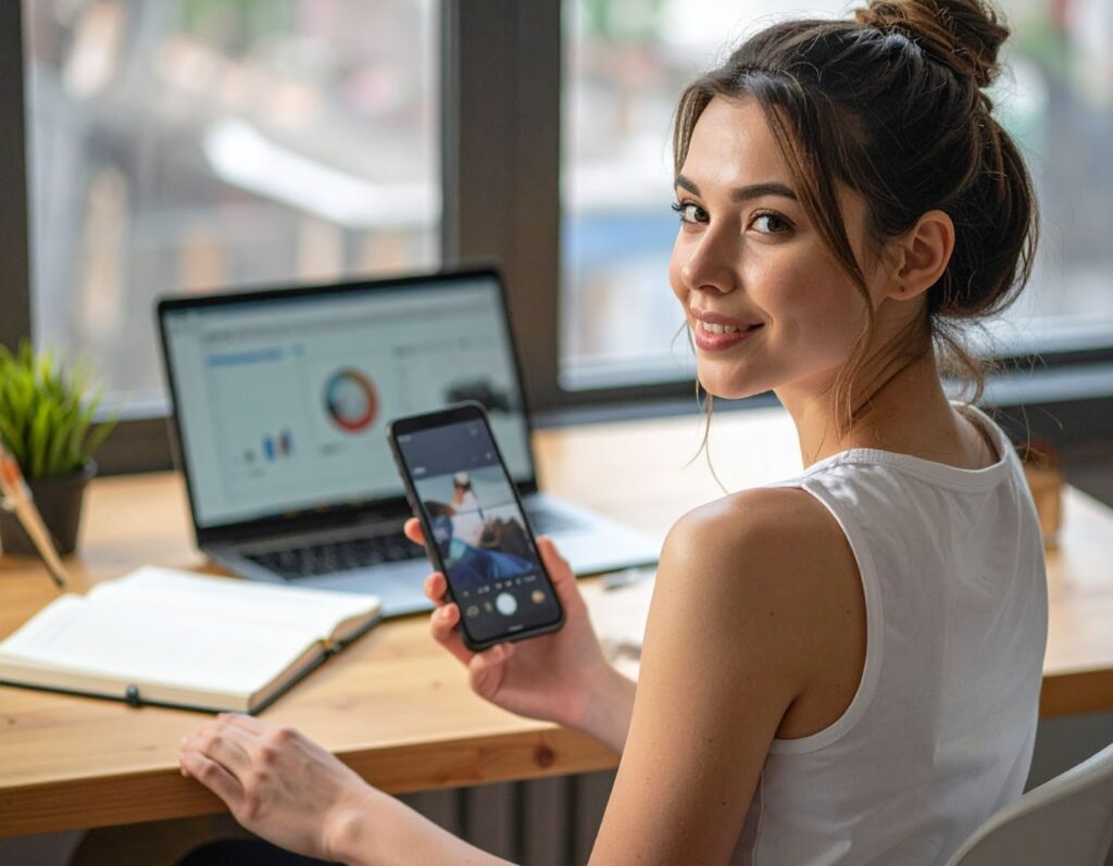年輕女性在辦公桌前操作iPhone截圖,背景有筆電與筆記本,象徵工作與學習中記錄重要資訊的便利性