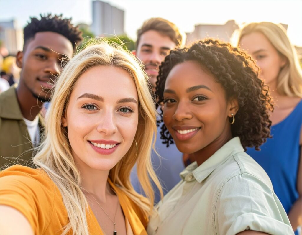 一群年輕人正在用手機照相