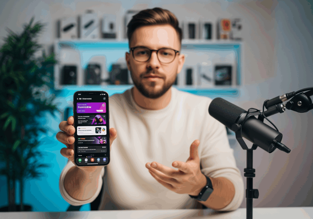 科技部落客手持iPhone展示