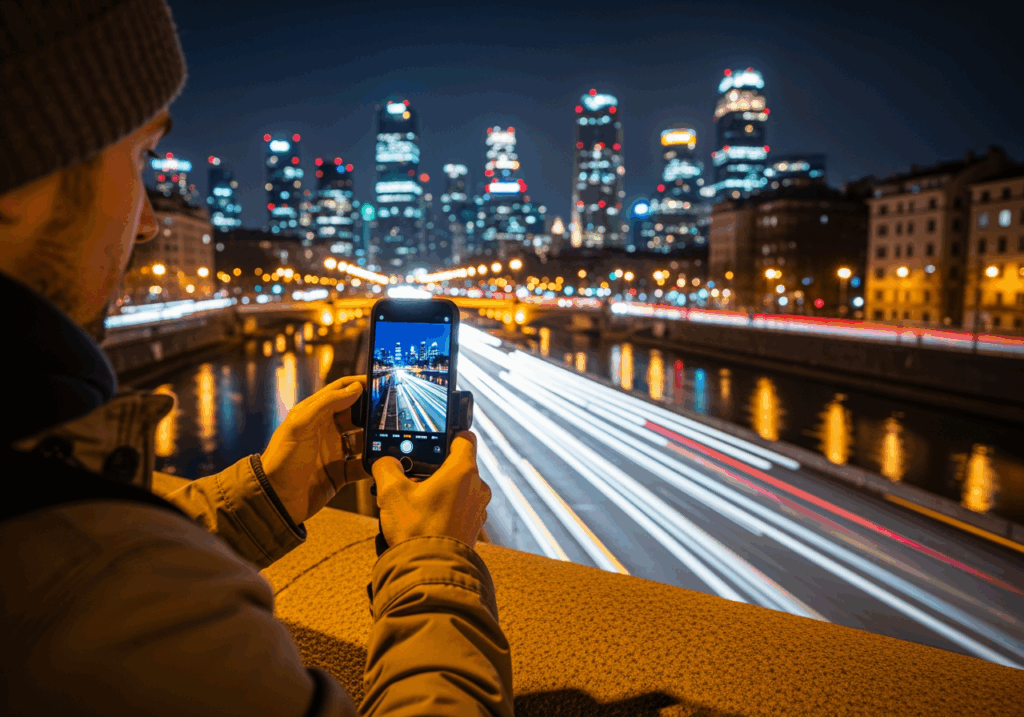 攝影愛好者在夜晚城市橋邊用iPhone拍照