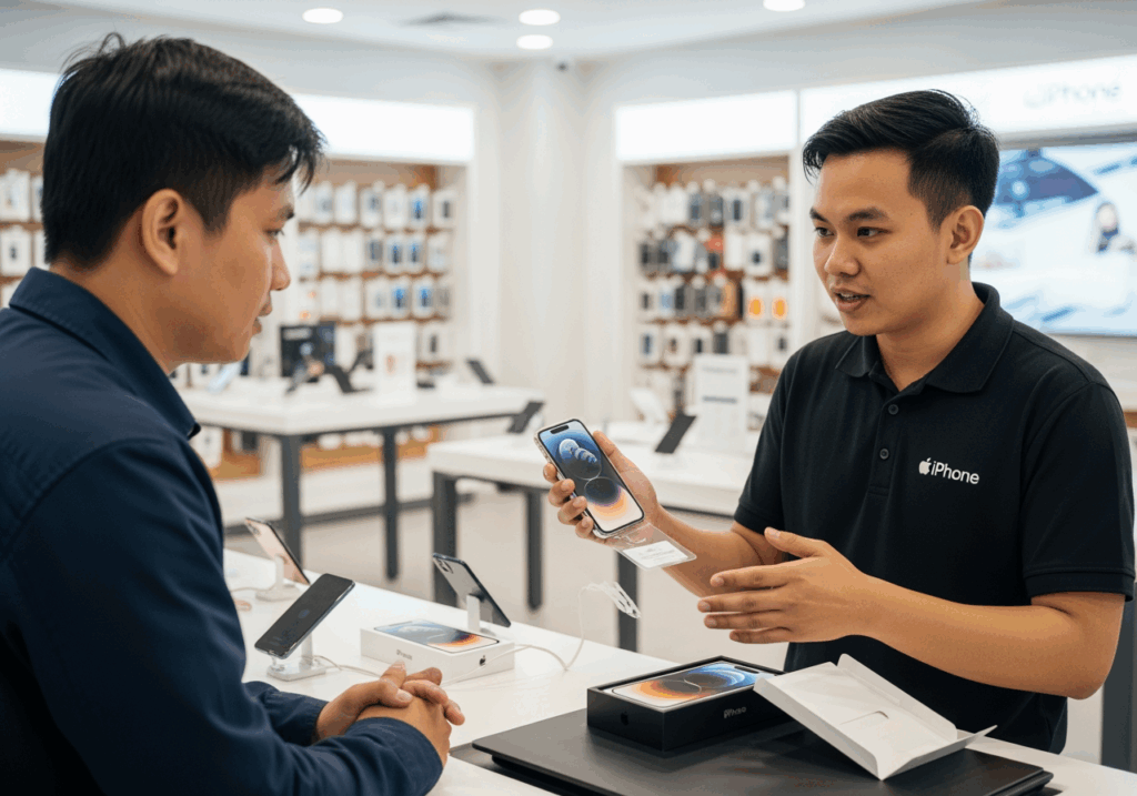 手機店內，工程師一邊拆封 iPhone一邊向顧客說明