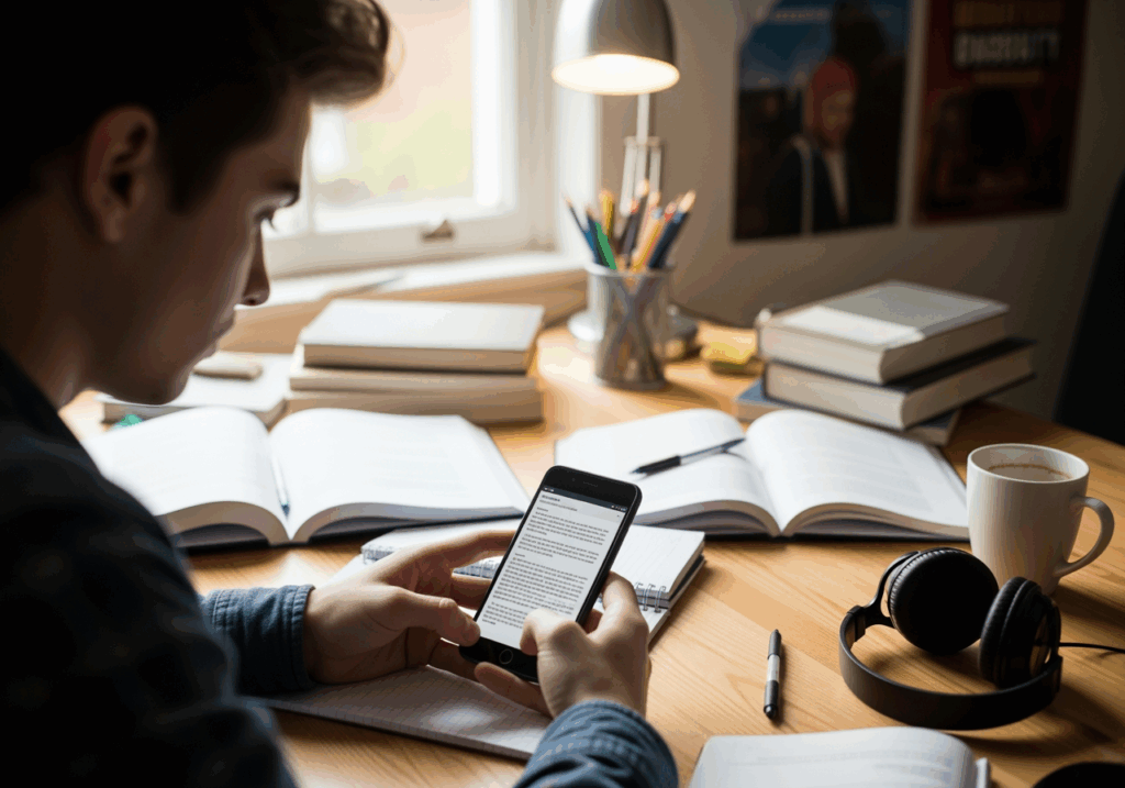 大學生在書桌前用平價手機做功課