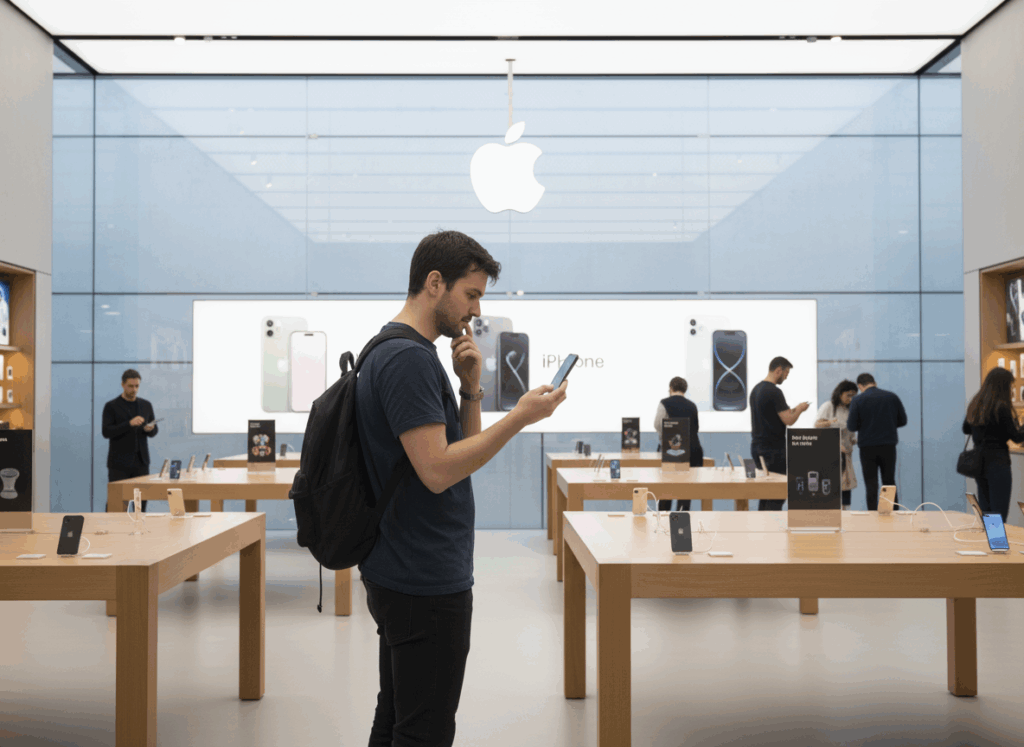 一個人在ｉＰｈｏｎｅ專賣店挑選手機