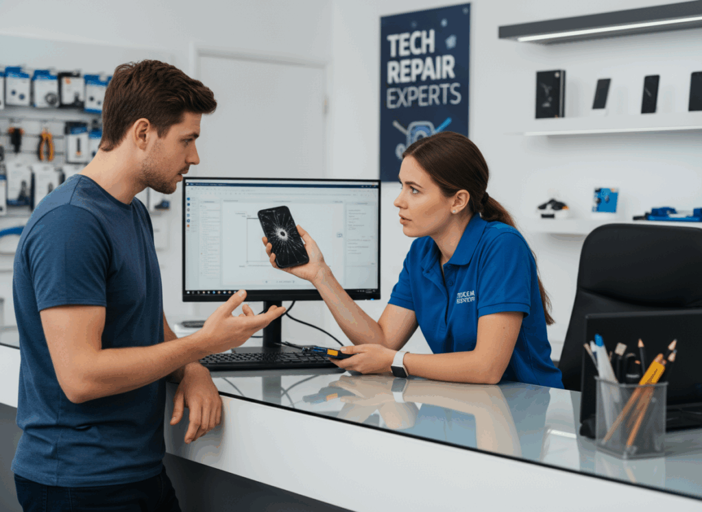 顧客拿著手機給專員維修